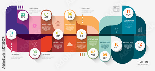 Infographic Timeline rounded elements diagram template for business. 4 successive Steps Modern roadmap with circle topics, flat vector infographics, flow charts. photo