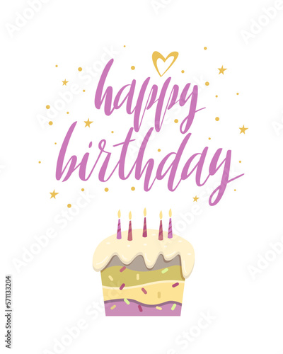 Happy Birthday lettering and cake with candles on white background