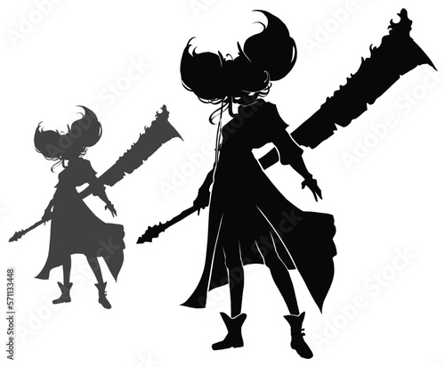 A black silhouette of an anime girl with big tails on her head rising up like horns, she is a warrior with a huge cleaver sword behind her back, she is wearing a cloak swaying in the wind. 2d art photo