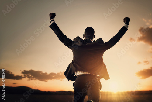 Generative AI image of a black african american businessman wears suit, shaking fists rejoicing business success on the bright sun sunset background. Rear view illustration.