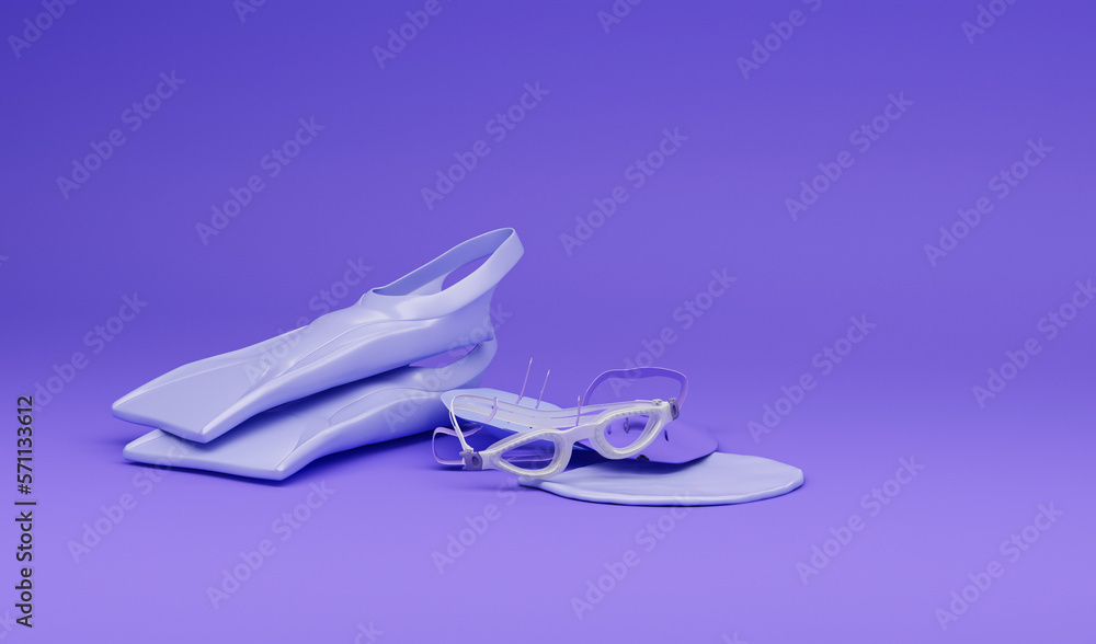Scuba mask, flippers with water surface on purple background. 3D render of summer vacation concept and holidays Scuba mask, flippers with water surface on purple background. 3D render of summer vacation concept and holidays