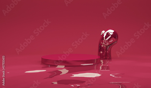 Abstract minimalist scene with geometric forms. Podium on dark red background with water surface. Product presentation, mock up, show cosmetic product display. Trendy color of year 2023. Viva Magenta.