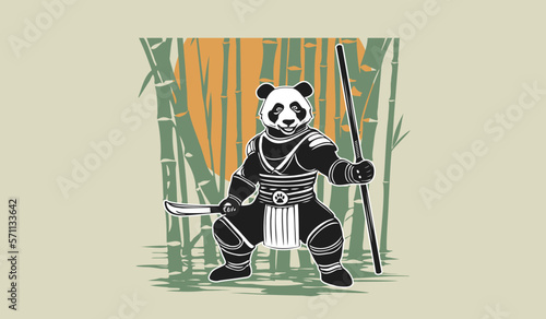 Vector black and white cute smiling panda ancient asian warrior with machete, staff and in armor on the background of bamboo thickets and sun.