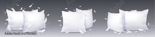 White square pillows and flying feathers realistic vector illustration. Cotton cushion mockup, set isolated on transparent background, 3D soft blank fabric pad with goose feathers for sleeping