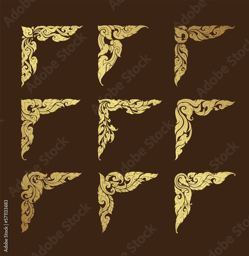 Set corner art, asian buddhism temple element and background pattern decoration motifs for ceiling pattern, flyers, poster, web, banner, and card