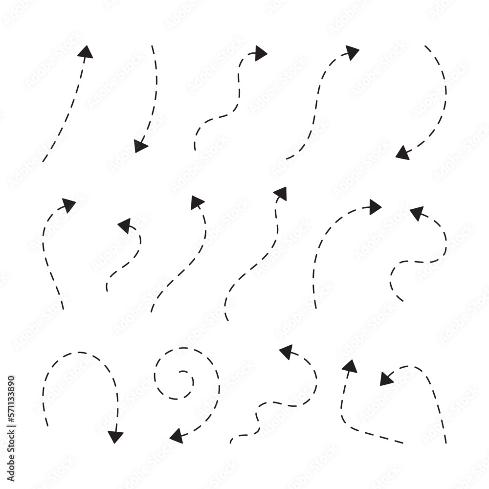 Set of hand drawn dashed arrows isolated vector illustration. - obrazy, fototapety, plakaty 
