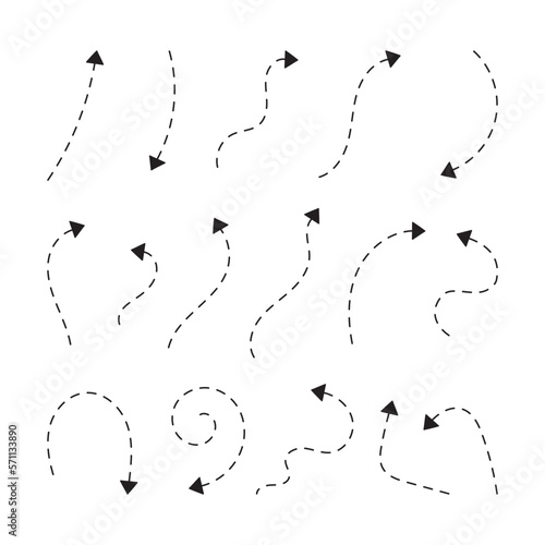 Set of hand drawn dashed arrows isolated vector illustration.