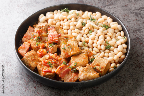 Spanish Freginat is a pork fricassee served with white beans close-up in a plate on the table. Horizontal photo