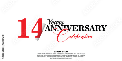 14 year anniversary celebration logo vector design with red and black color on white background abstract 