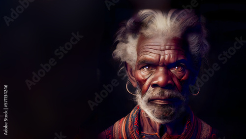Portrait of a proud and dynamic male traditional Aborigines in Australia, Generative AI. photo