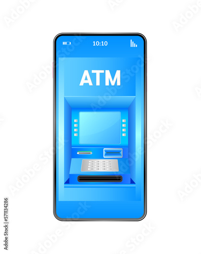 ATM machine on smartphone with online payment app. Secure mobile banking finance concept. Money transfers financial transactions. Phone with mobile blue. File PNG 3D.