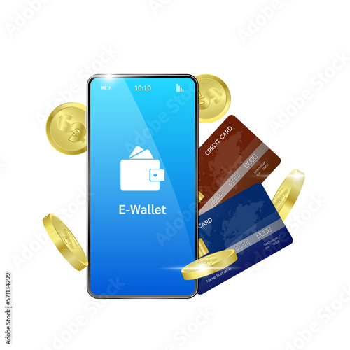 Mobile phone, credit card and wallet with money. Online payment, digital e-payment concept. Internet banking. File PNG 3D.