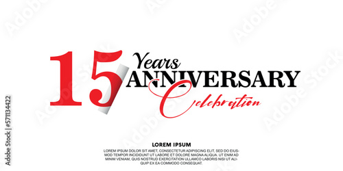 15 year anniversary  celebration logo vector design with red and black color on white background abstract 