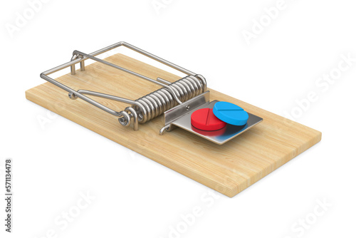 mousetrap and tablets on white background. Isolated 3D illustration