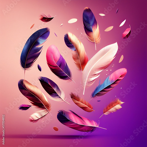 Colorful Feathers on violet background. Generative AI.