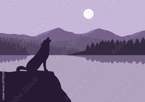 wolf howling on the lake at night, vector illustration. © Fajarhidayah11