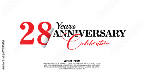 28 year anniversary celebration logo vector design with red and black color on white background abstract 