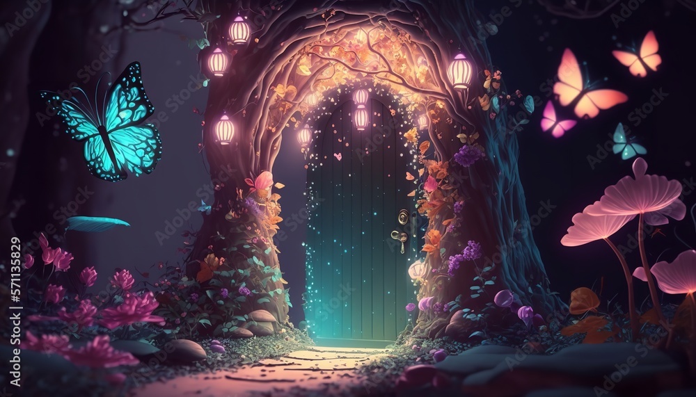 Magical mushroom in fantasy enchanted fairy tale forest with lots of brightness and lighting. Generative Ai.