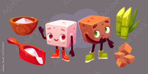 Cartoon sugar characters isolated on background. Vector illustration of white and brown cubes showing pile and bowl of food sweetener, organic green cane plant. Dessert cooking ingredient. Funny emoji