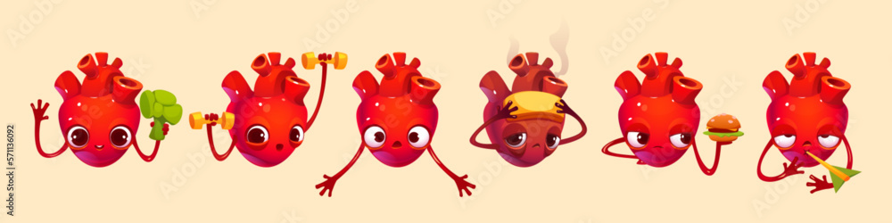 Fototapeta premium Cartoon set of heart character isolated on background. Vector illustration of human organ with broccoli and burger, exercising with dumbbells, suffering disease attack, in love, shocked or scared
