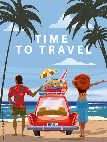 Couple on Vacation, time to travel, red car with luggage bags, surfboard on the beach. Tropical seachore, palms, sea, ocean, back view. Vector illustration retro cartoon