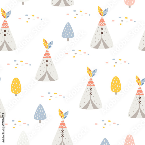 Vector delicate pattern for children's products. Indian dwelling, teepee, trees. 