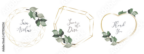 A set of vector frames for holiday design. Polygonal, round and heart-shaped frames. Delicate green sprigs of plants 