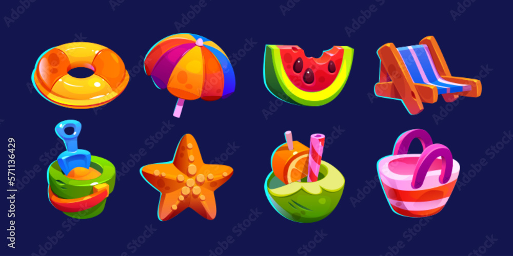 Cartoon set of accessories for summer beach relax isolated on black background. Vector illustration of umbrella, chair, watermelon, tropical cocktail, bag, swim ring, sand bucket, starfish. Game items