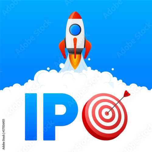 IPO concept. IPO is Initial Public Offering. Company go public in stock market. Investment new stock, businessman, trader, trading stock on IPO. Vector illustration.