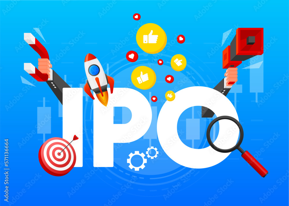 Fototapeta premium IPO concept. IPO is Initial Public Offering. Company go public in stock market. Investment new stock, businessman, trader, trading stock on IPO. Vector illustration.