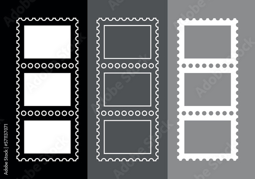 Postage stamp icons set. Symbol of mail, congratulations or postcards. Stamp for an envelope with a letter.