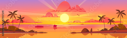 Sunset on beach in summer vector background. Sunrise on ocean island landscape cartoon illustration. Orange sky with cloud and palm. Tropic scene with boat silhouette in calm water.