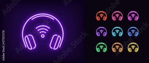 Outline neon wifi headphones icon set. Glowing neon music headset frame with wifi sign, wireless headphones connection and control. Portable earphones for Dj and gamer.