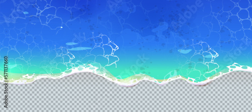 Top view of sea waves on transparent background. Cartoon isolated water texture with white foam splash. Blue ocean nautical frame for flyer tropical design or travel promo.