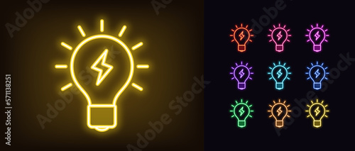 Outline neon electric lamp icon set. Glowing neon lamp frame with lightning sign, flash idea pictogram. Electric energy and fuel, electrical charge power, creative solution.