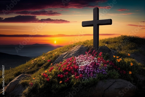 Religious cross on hilltop with flowers and sunset created with Generative AI