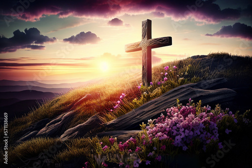 Foto Religious cross on hilltop with spring flowers and sunrise created with Generati