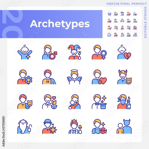 Character archetypes pixel perfect RGB color icons set. Psychoanalytic theory. Personal characteristics. Isolated vector illustrations. Simple filled line drawings collection. Editable stroke