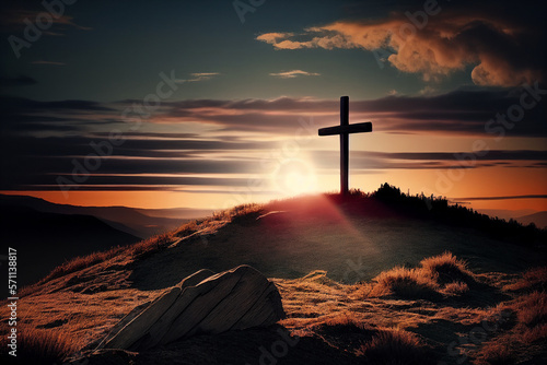 Wooden cross on hilltop with sunset created with Generative AI