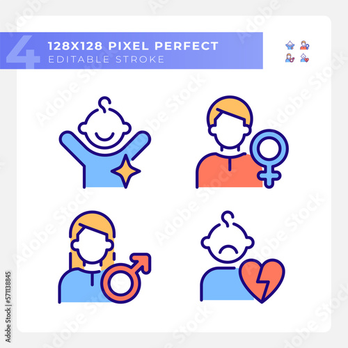 People pixel perfect RGB color icons set. Character archetypes. Anima and animus. Child, orphan. Family members. Isolated vector illustrations. Simple filled line drawings collection. Editable stroke