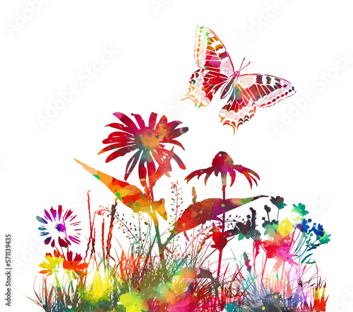 Summer abstract background. Colored flowers and butterflies in watercolor. Vector illustration