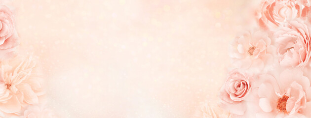 soft roses banner or header design background in light pink tone with glitters and copy space