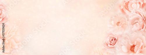 soft roses banner or header design background in light pink tone with glitters and copy space
