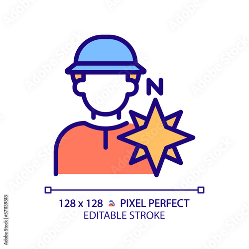 Explorer pixel perfect RGB color icon. Inquisitive person. Adventurer. Character and brand archetype. Psychoanalytic theory. Isolated vector illustration. Simple filled line drawing. Editable stroke