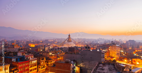 Fényképezés Sunset at the Boudhanath stupa Kathmandu Nepal