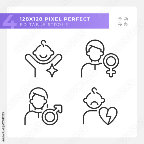 People pixel perfect linear icons set. Character archetypes. Anima and animus. Child, orphan. Family members. Customizable thin line symbols. Isolated vector outline illustrations. Editable stroke