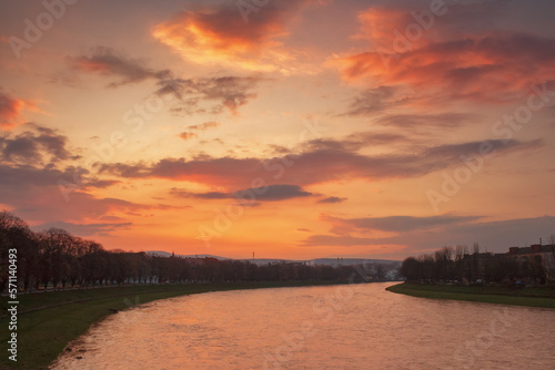 sunrise at the river uzh. beautiful spring urban scenery in morning light © Pellinni