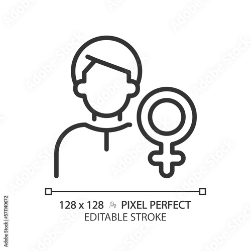 Animus pixel perfect linear icon. Image of man. Male qualities. Masculine part of woman personality. Psychoanalysis. Thin line illustration. Contour symbol. Vector outline drawing. Editable stroke