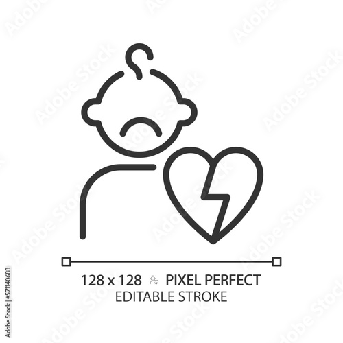 Orphan pixel perfect linear icon. Archetype. Abandoned child. Pattern of human behavior. Literature character. Thin line illustration. Contour symbol. Vector outline drawing. Editable stroke