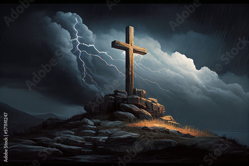 Wooden cross on top of hill during a thunderstorm created with Generative AI